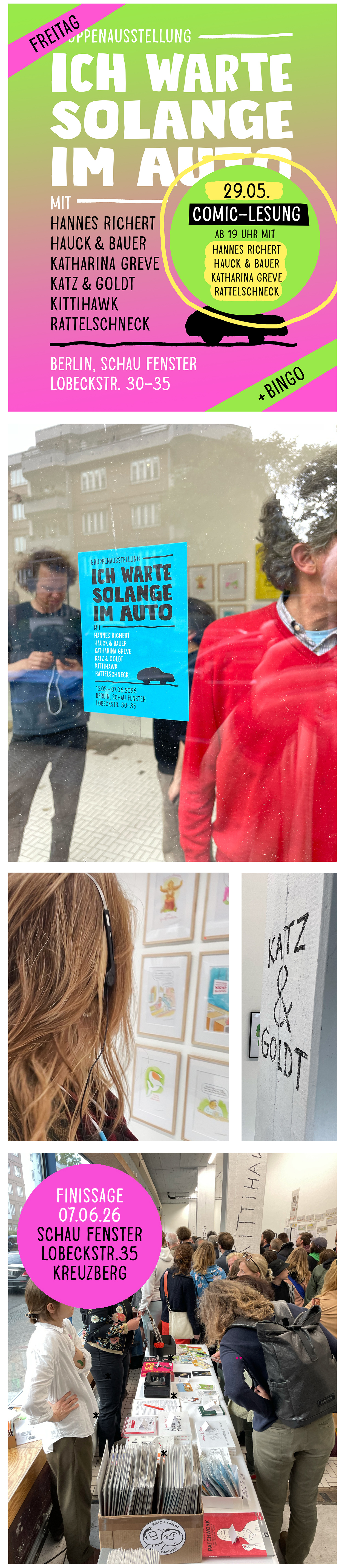 Gruppenausstellung "Ich warte solange im Auto": Comic-Lesung mit Hannes Richert, Katz & Goldt, Rattelschneck, Hauck & Bauer, Kittihawk und Katharina Greve