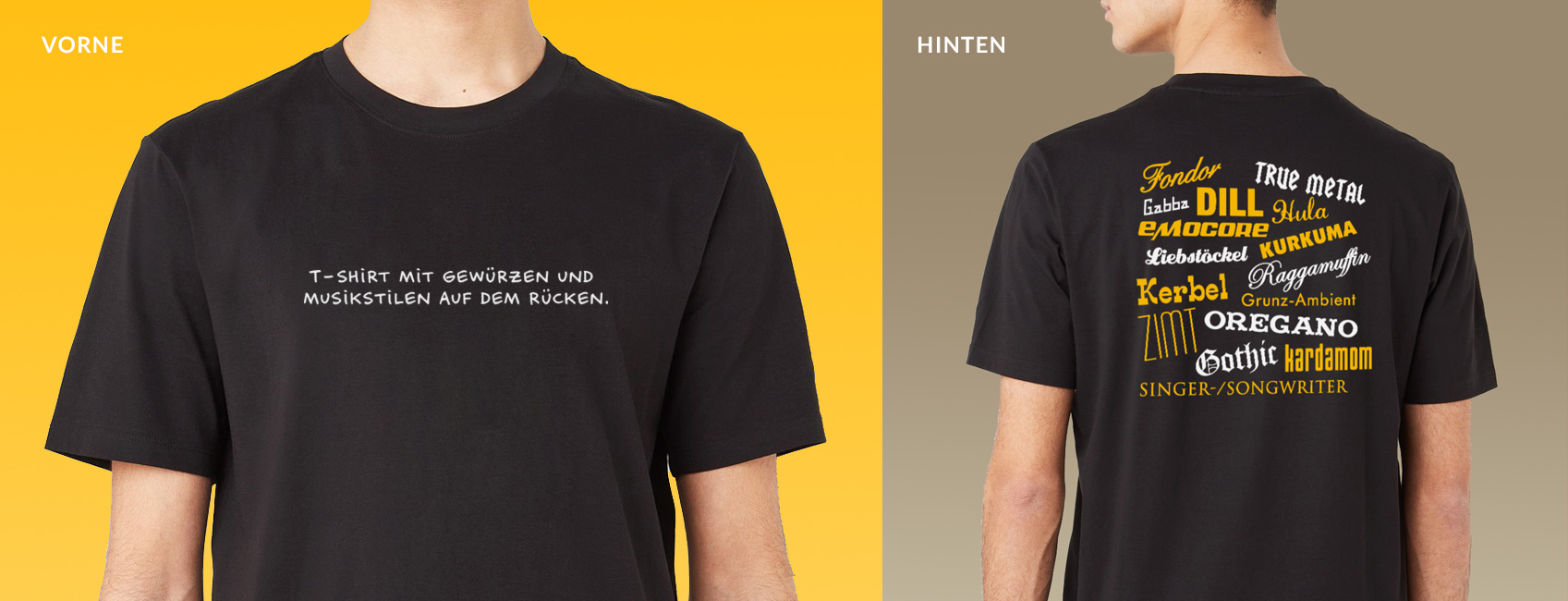 T-Shirt mit Gewürzen und Musikstilen auf dem Rücken - Rumpfkluft | T-Shirt-Kollektion von Katz & Goldt